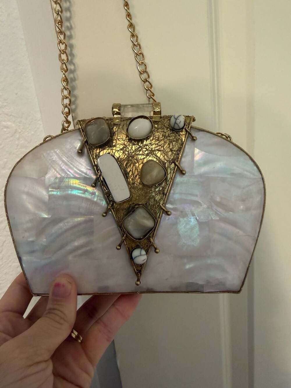 RAMLA La Perle Mother of Pearl and Gemstone Inlaid Brass Minaudiere Evening Clut
